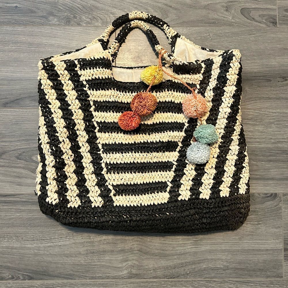 Billlabong Black and Cream Striped Tote Bag